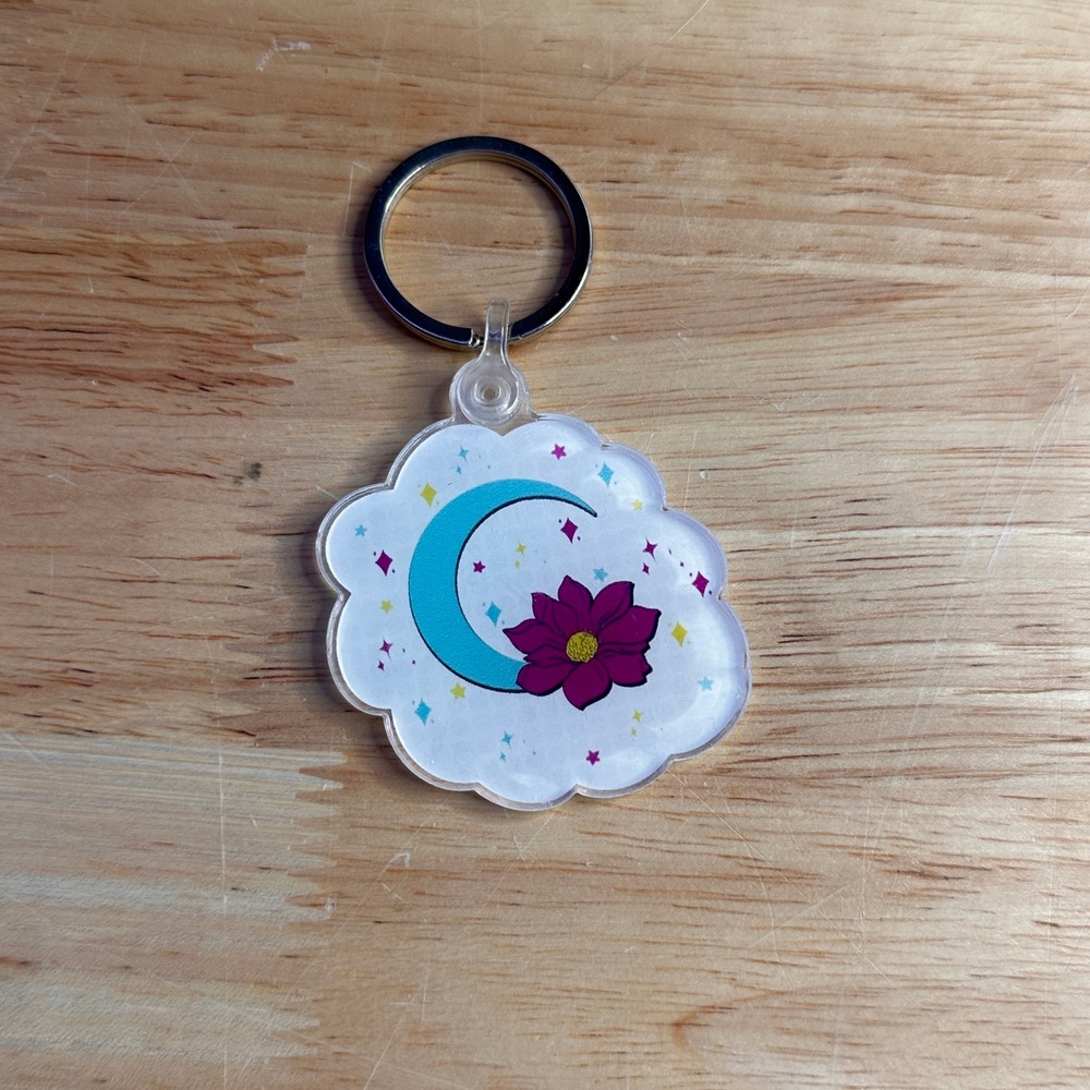 Celestial Crescent Moon Lotus Flower Acrylic Keychain Teal Magenta Cloud Charm
